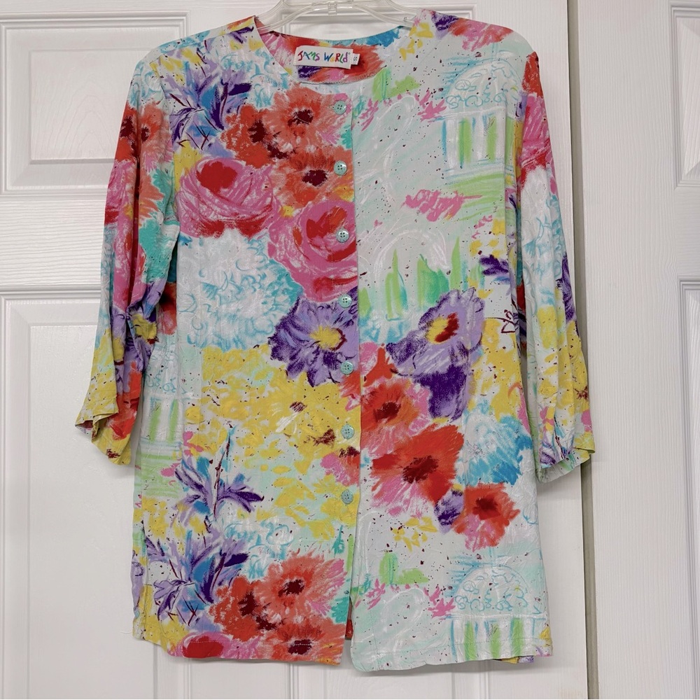 Jams World Button Up Gazebo Multicolor Floral Print Crinkle Top Sz S